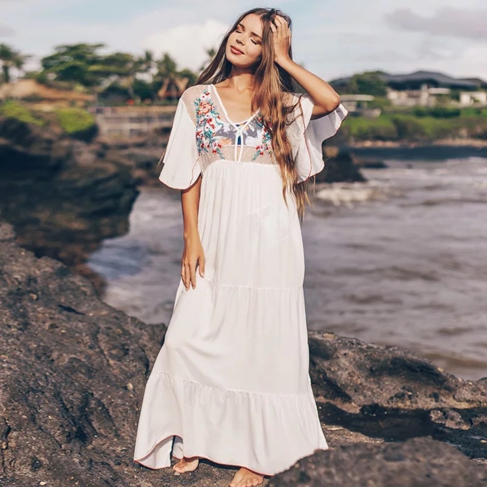 White Cleo Cotton Boho Maxi Dress W/Side Slits Hand Embroidered Stitch Coverup - Picture 3 of 9